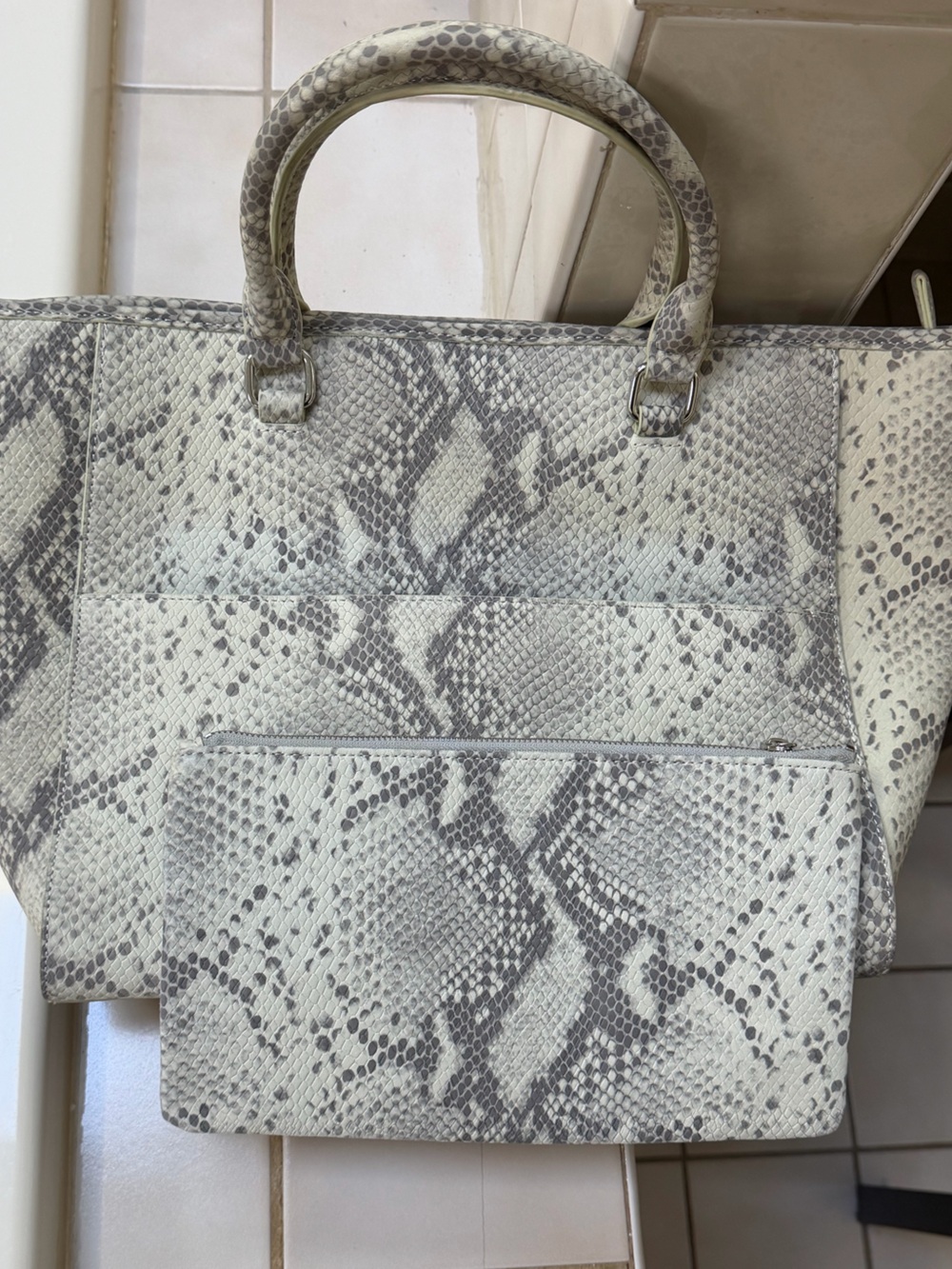 Textured Snake-Print Leather Tote Bag in White and Gray w/pouch.